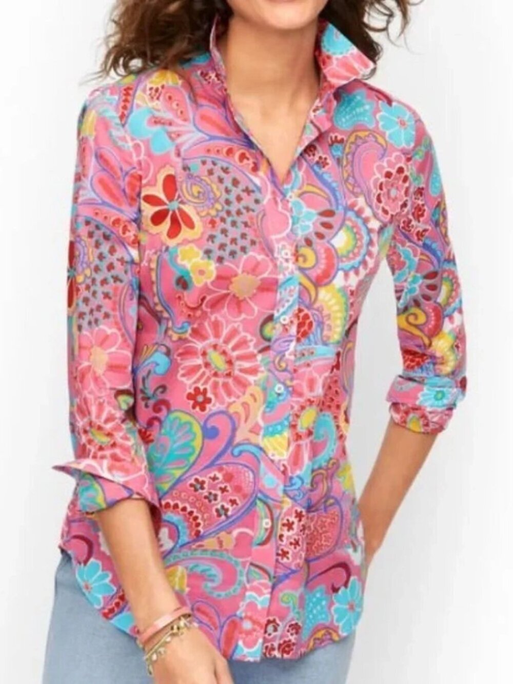 Talbots Long Sleeve Pure Cotton Button-Up Pink Paisley Multicolor Shirt Size L